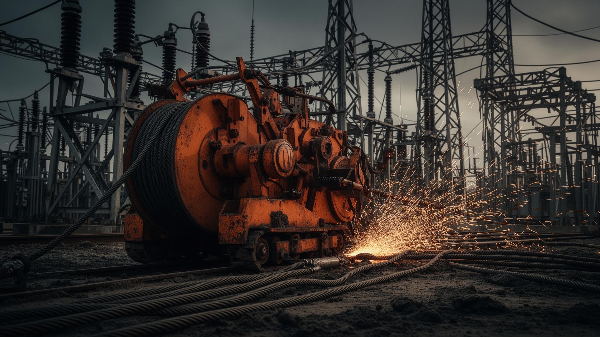 Industrial cable pulling machinery at an electrical substation